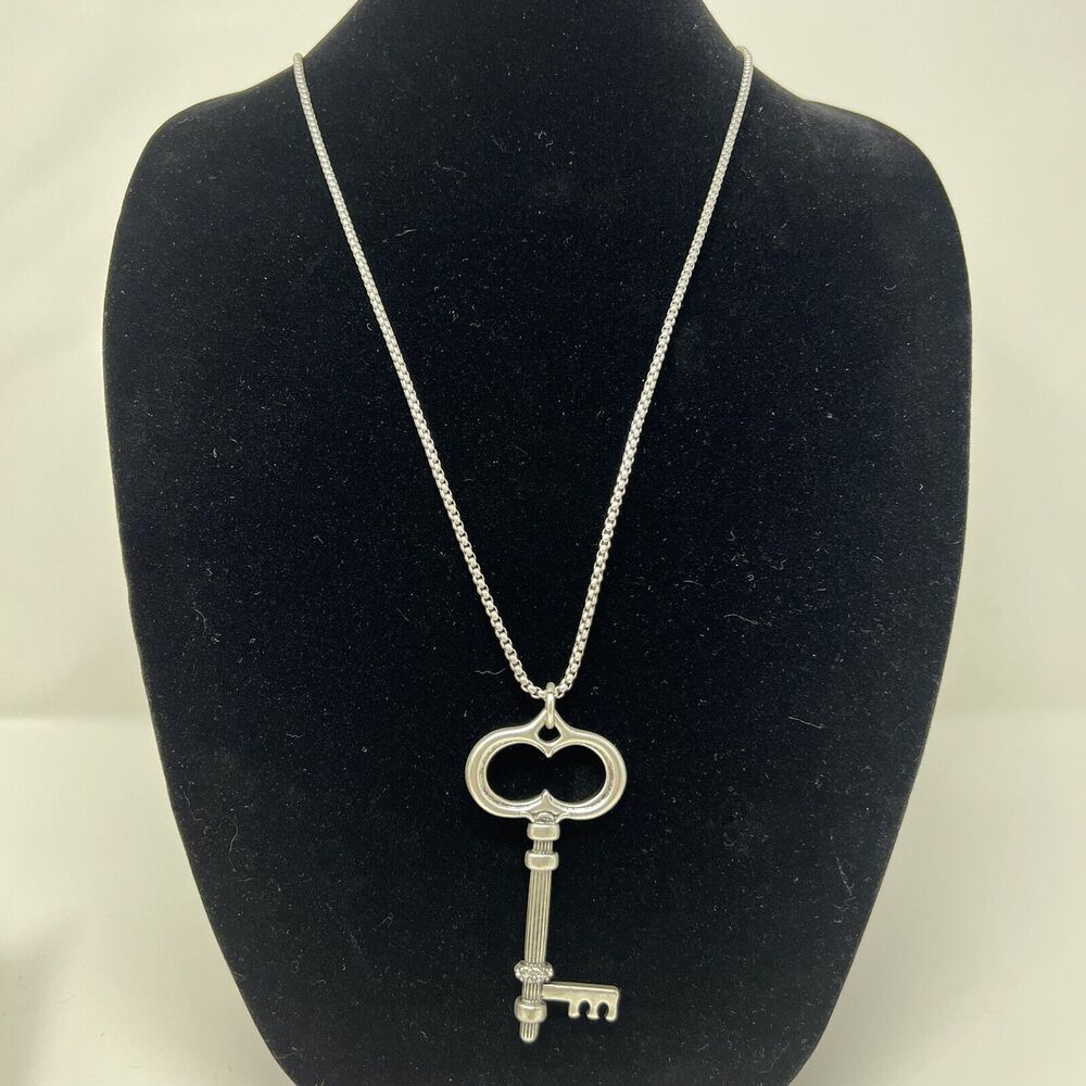 CHICO'S Skeleton Key Pendant Necklace Antiqued Silver Tone Rhinestone 38" NWT